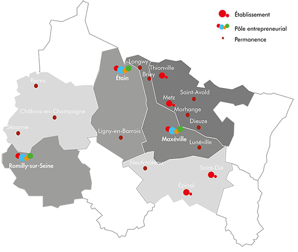 carte Grand Est des antennes permanences et pôles entrepreneuriaux d'Alexis